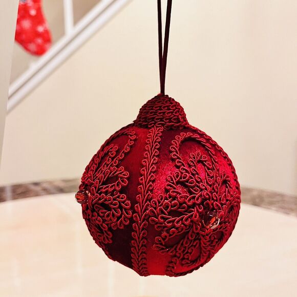 Vintage Velvet Burgundy Christmas Ornament Handcrafted Embroidery Unbreakable 4” - Picture 2 of 6
